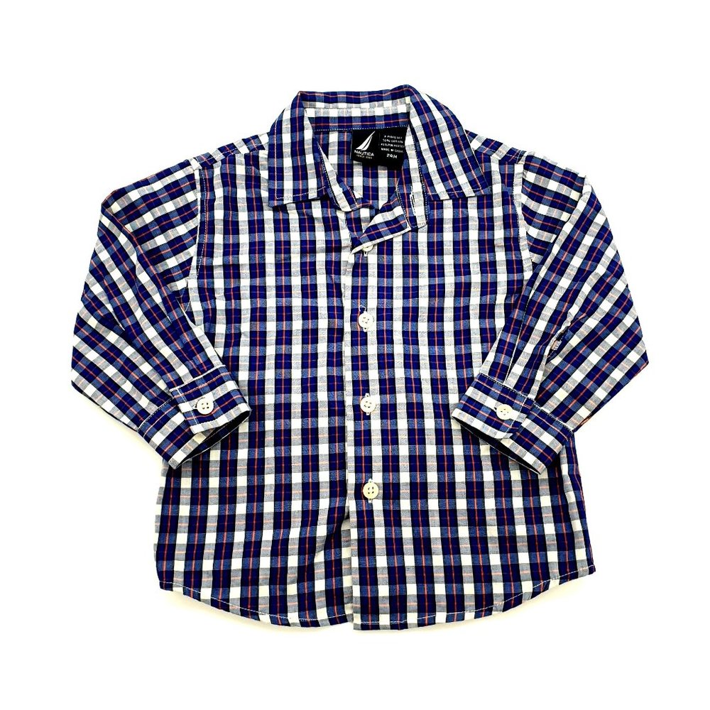 Nautica Boys 24M Long Sleeve Dress Shirt Orange Blue (Broncos) Play Daycare